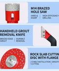 Top Tier 8Pc Diamond Tile Hole Saw Kit With Grout Bit And M14 Adapter For Stone, Tile, Brick Drilling On Angle Grinder Or Power Drill For Tough Home Renovation Jobs This Set Cuts Like A Dream And Never Gets Dull. M14 brazed hole saw and grout removal knife set