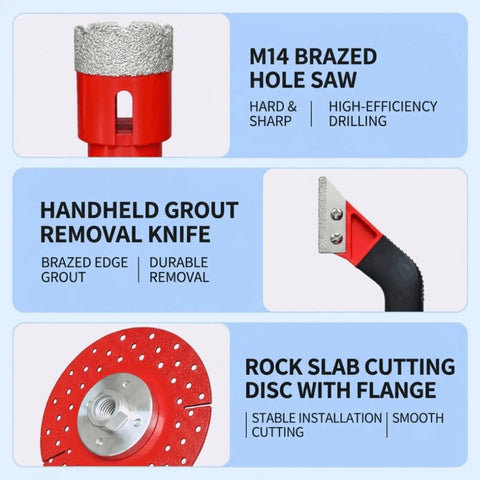 Top Tier 8Pc Diamond Tile Hole Saw Kit With Grout Bit And M14 Adapter For Stone, Tile, Brick Drilling On Angle Grinder Or Power Drill For Tough Home Renovation Jobs This Set Cuts Like A Dream And Never Gets Dull. M14 brazed hole saw and grout removal knife set