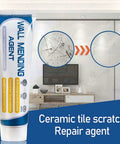 Wall mending agent tube next to a before-and-after view of scratched and repaired ceramic tile surface in modern room.