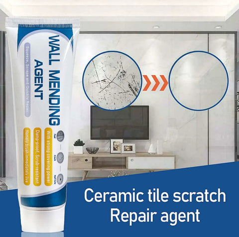 Wall mending agent tube next to a before-and-after view of scratched and repaired ceramic tile surface in modern room.