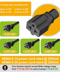 Angled Beefy Heavy Duty Indoor Outdoor Extension Cord 6 Ft 12 AWG SJTW 15A To 4 In 1 T Blade Receptacle NEMA 5 15P To 5 15R 5 20R 6 15R 6 20R