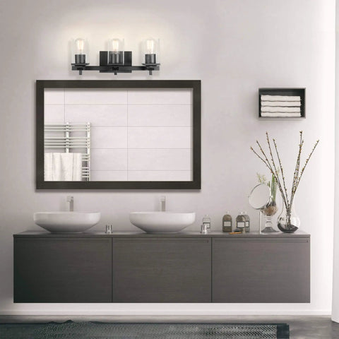 Dakota 5 Piece All In One Bathroom Set Includes Three Light Vanity Fixture With Seeded Glass Shades in matte black above dual sinks