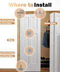 Diagram showing installation of Bifold Door Hardware Kits on a folding closet door with detailed parts labeled, including pivots and hinges.