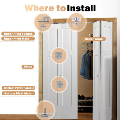 2 Pack Bifold Door Hardware Kits installation diagram on folding closet with 36 Inch Long Track, showing pivot and roller placement