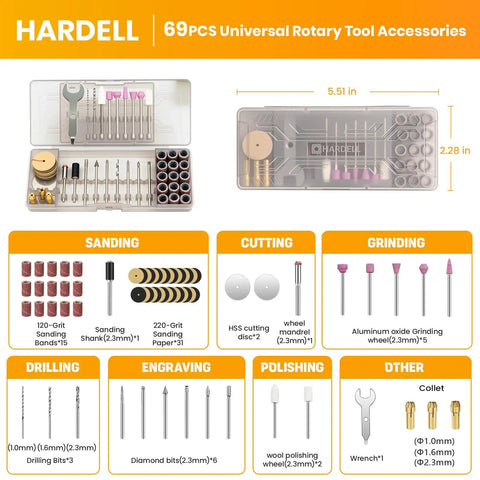 69 Piece Rotary Tool Accessories Kit With 1.0 1.6 2.3mm Chucks for DIY projects shown in open and closed storage case