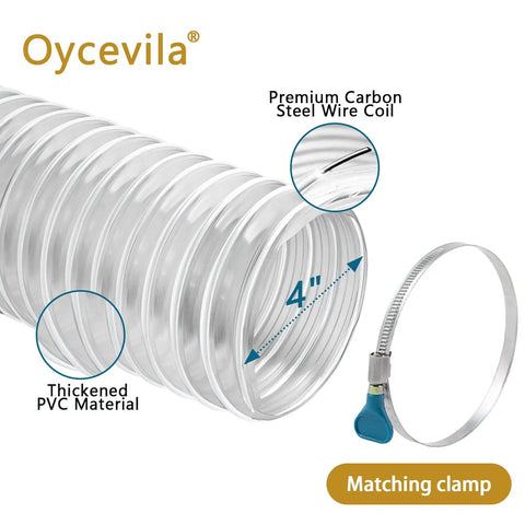 Heavy Duty 4 Inch By 20 Foot Flexible Clear PVC Dust Collection Hose With Carbon Steel Wire Coil, clamp visible