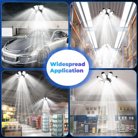Crazy Bright 25000LM Garage Light with 8 Flexible Panels illuminating various large spaces, showcasing widespread application