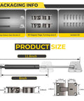 Diagram showcasing Heavy Duty Drop Down Gas Struts with dimensions, two hinges and screws for easy installation.