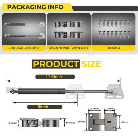 Diagram showcasing Heavy Duty Drop Down Gas Struts with dimensions, two hinges and screws for easy installation.