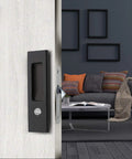 Matte Black Sliding Door Handle For Bath And Barn Doors, Zinc Alloy Flush Handle With Privacy Pocket Door Lock, installed on white door