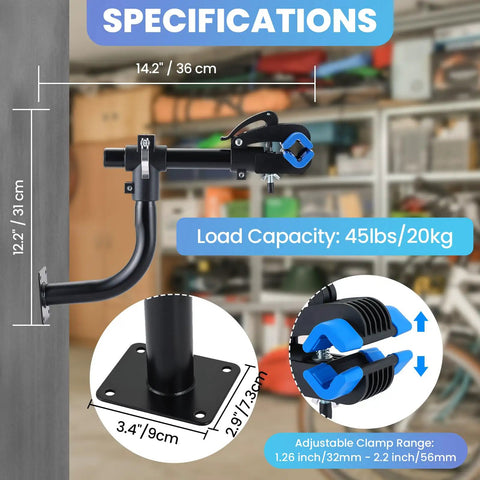 Curved Wall Mount Bike Repair Stand With Adjustable Clamp Specifications and Dimensions for Road and Mountain Bikes