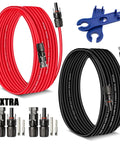 10 AWG Solar Extension Cable 30 Ft For Roof PV Systems With Male And Female Connectors 30 Amp DC Wire Heavy Duty Solar Panel Cable Rated Up To 1000V Great For Home Solar Installations, showing red and black cables, extra connectors, and tool.