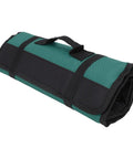 Chef Knife Roll Bag With 20 Slot Cutlery Organizer Portable Canvas Storage in green, rolled up with handle for kitchen travel.
