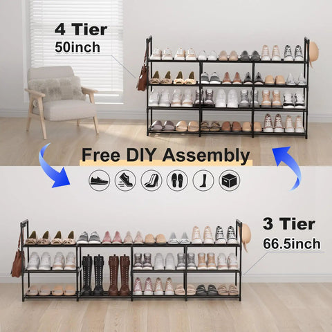 Heavy Duty Black Metal Shoe Rack With Four Tiers And Three Rows, Holds Up To 30 Pairs Of Sneakers, Featuring Rust Resistant Multi Hooks And A Super Roomy Build To Organize Your Kick Collection And Clear Out Messy Closets Fast in a spacious room setting.
