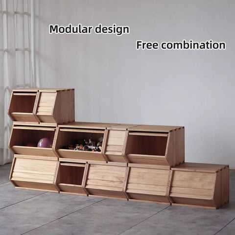 Stackable Solid Wood Storage Chests With Lids, Modular Multi Use Bins For Closet And Hallway Organizers, shown stacked