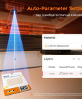 20W AI Smart Laser Engraver With HD Camera Positioning, auto-parameter setting displayed for basswood engraving