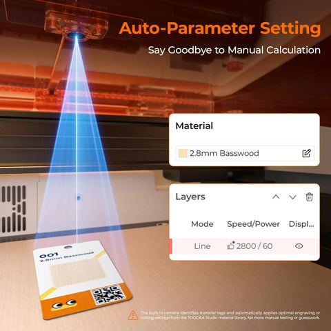 20W AI Smart Laser Engraver With HD Camera Positioning, auto-parameter setting displayed for basswood engraving