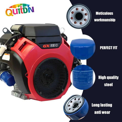 Engine with oil filter, highlighting meticulous workmanship, perfect fit, high quality steel, and long-lasting anti-wear features.