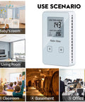 Portable Radon Detector And Home Radon Monitor with display showing readings for use in various indoor spaces, including baby’s room, living room, classroom, basement, and office.