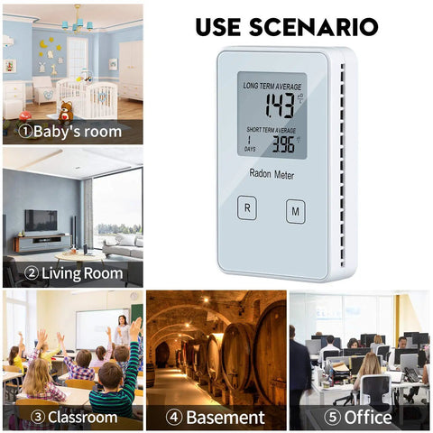 Portable Radon Detector And Home Radon Monitor with display showing readings for use in various indoor spaces, including baby’s room, living room, classroom, basement, and office.