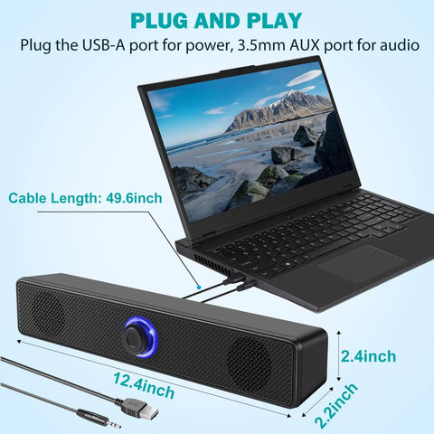 USB A Powered Computer Speakers For Desktop And Laptop next to a laptop, showing cable connections for 3.5mm AUX and USB.