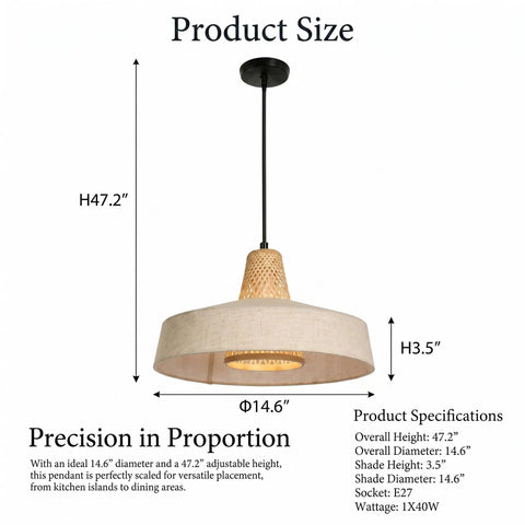 milaruoro Pendant Light with Bamboo and Linen Shade, Black Hanging Light Fixture for Kitchen Island, dimensions and specifications