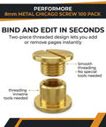 Rock Solid 100 Pack Chicago Screw Binding Posts With Heavy Duty Brass Plated Finish For Scrapbooking Photo Albums And Leather DIY Craft Projects That Truly Delivers The Goods, showing 8mm threaded brass screws.