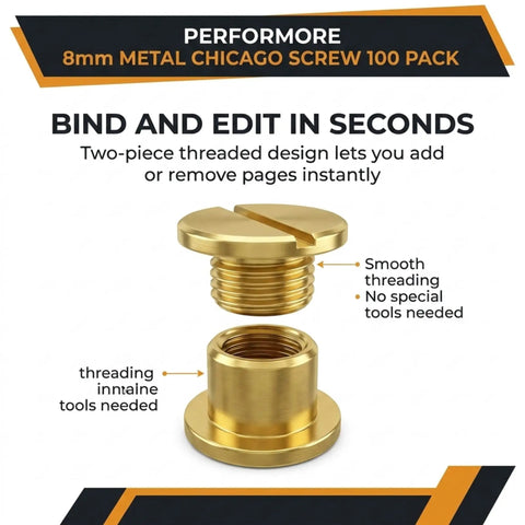 Rock Solid 100 Pack Chicago Screw Binding Posts With Heavy Duty Brass Plated Finish For Scrapbooking Photo Albums And Leather DIY Craft Projects That Truly Delivers The Goods, showing 8mm threaded brass screws.