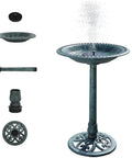 Solar Powered Pedestal Bird Bath Fountain With Steel Ground Anchors, Weather Resistant Resin, Antique Green Outdoor Garden Decor