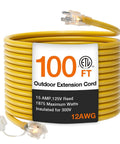 100 Ft 12 By 3 Outdoor Extension Cord 12 Gauge SJTW Heavy Duty Waterproof Yellow 3 Prong Flexible Long Power Cable For Garden Home Or Office Use With Indicator Light ETL Listed coiled with label