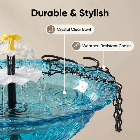 Solar Powered Cascade Hanging Bird Bath Fountain For Outdoors No Wires Needed Super Easy Setup Bubbling Water Feature With Solar Pump Bird Bath Dispenser Garden Yard Patio Decor Hummingbird Bath Blue featuring a weather-resistant chain and crystal clear bowl.