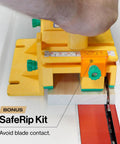 Grr Ripper Pro And Gravity Heel Kit Ultimate 3D Pushblock For Table Saw Kickback Shield SafeRip Guard, yellow pushblock in use.