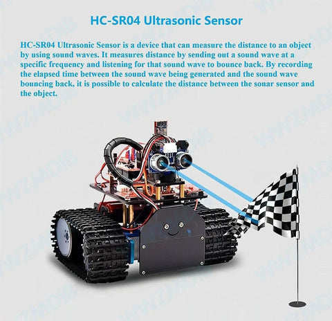DIY robot with HC-SR04 ultrasonic sensor modules for Arduino, for distance measuring and obstacle avoidance.