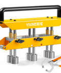 Three Station Edge Roller Bender For Sheet Metal with adjustable height, for 5/8 to 4 inch bends in 29 to 22 gauge steel, yellow frame.