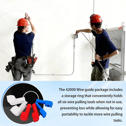 Two electricians using Heavy Duty Conduit Wire Pulling Tool Set With 1/2, 3/4, And 1 Inch Cable Guides to install wiring.
