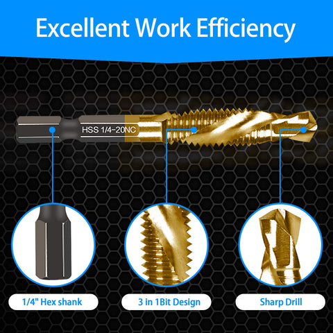 Six Piece All In One Time-Saving Combination Drill Tap Bit Set Titanium Coated High Speed Steel with 1/4 inch hex shank