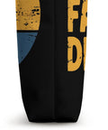 Side view of Dragon Boat Racing Tote Bag For Paddlers with bold text design, showcasing a multicolored graphic on black fabric.