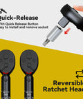 32 Piece Bike Torque Wrench Set With One Quarter Inch Drive Click Wrenches And Bit Kit showing quick-release feature and ratchet head