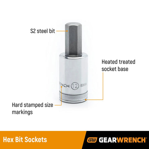 Three Eighths Inch Drive Hex Bit Metric Socket 6mm With Heat Treated Base And Hard Stamped Size Markings, Durable Automotive Socket