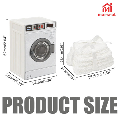 Big Time Hit Miniature Washing Machine Featuring Smooth Operable Lid And 1/12 Scale White Towel Set Serious Flex For Dollhouse Furniture And Cozy Room Decor Display Collection, showing dimensions.
