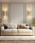 NICRX 2 Pieces Modern Gold LED Wall Sconce, Geometric Metal and Acrylic Vertical Wall Lamp, Minimalist LED Light in stylish living room.