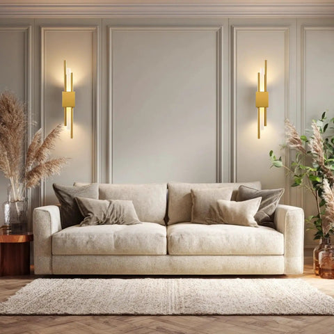 NICRX 2 Pieces Modern Gold LED Wall Sconce, Geometric Metal and Acrylic Vertical Wall Lamp, Minimalist LED Light in stylish living room.