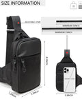 Mini Crossbody Sling Bag For Men And Women with adjustable 2 inch strap, size comparison, and phone storage display