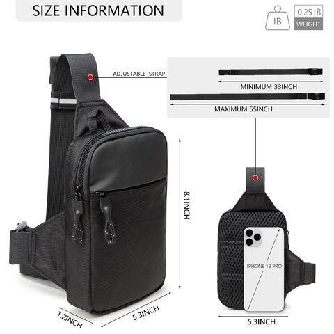 Mini Crossbody Sling Bag For Men And Women with adjustable 2 inch strap, size comparison, and phone storage display