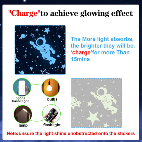 Instruction for charging Glow In The Dark Stars Ceiling Set With Moon and Space Wall Decals for bright glow effect
