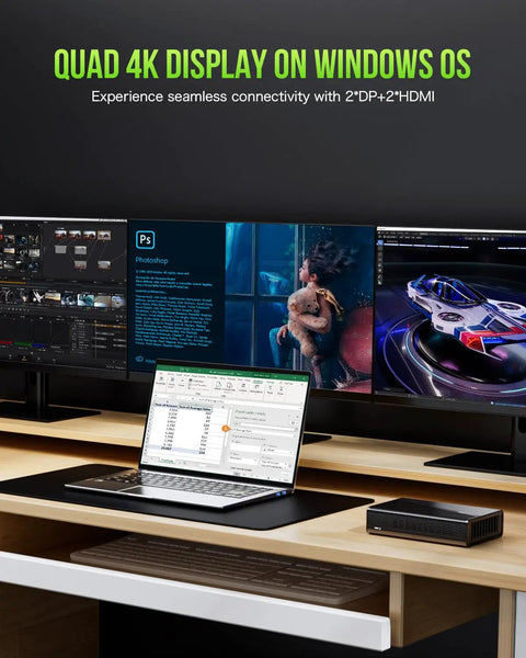 External Gpu Docking Station With Amd Radeon 7600M Xt Graphics Card, 8G Gddr6 Memory, Usb4 And Oculink Connectors, Hdmi 2.1 And Displayport 2.0 For Slick Gaming Laptop Setup And Badass Gameplay Boost with quad 4K displays and laptop on desk.