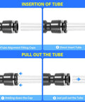 Guide for Black Straight One Quarter Inch Push To Connect Tube Fittings Push Lock Plastic 10 Pack with insertion and removal steps.