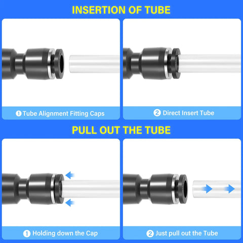 Guide for Black Straight One Quarter Inch Push To Connect Tube Fittings Push Lock Plastic 10 Pack with insertion and removal steps.