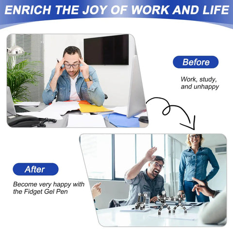 Before and after using Fidget Gel Pen Gift For Men With A Dope Playful Twist And Practical Use shown changing mood at work.