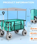 Beach Wagon With Balloon Wheels For Sand, Extra Large 200L Cargo Cart With Canopy, Heavy Duty Folding Wagon Holds 440 Lbs, 9 Inch Tires